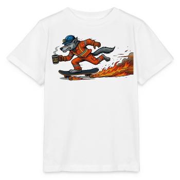 Cartoon-Figur Wolf auf feurigem Skateboard - Stanley/Stella Kinder T-Shirt MINI CREATOR  - Weiß - Vorne - Maike (125cm)
