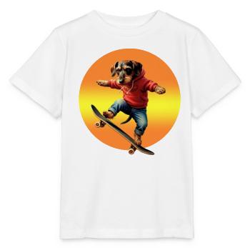 Skater Dachshund Oscar in Hoodie - Stanley/Stella MINI CREATOR Kids’ T-Shirt - white - Front - Maike (125cm)