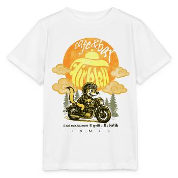 Café & Bar Tirkku – Goldwiesel auf dem Fahrrad - Stanley/Stella Kinder T-Shirt MINI CREATOR  - Weiß - Vorne - Maike (125cm)