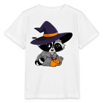 Snuggles der Waschbär mit Halloweensüßigkeiten - Stanley/Stella Kinder T-Shirt MINI CREATOR  - Weiß - Vorne - Maike (125cm)