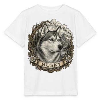 Husky in vintage style with mountain landscape - Stanley/Stella MINI CREATOR Kids’ T-Shirt - white - Front - Maike (125cm)