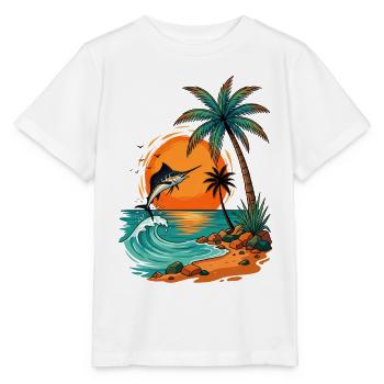 Jumping Fish at Tropical Sunset Palm Sea Beach - Stanley/Stella MINI CREATOR Kids’ T-Shirt - white - Front - Maike (125cm)