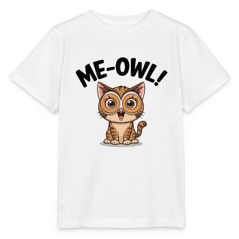 Me-Owl – Katzen-tragende Eulenmaske-Wortspiel-Zeichentrick - Stanley/Stella Kinder T-Shirt MINI CREATOR  - Weiß - Vorne - Maike (125cm)
