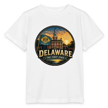 Delaware: Das erste Retro-Kapitol-Flaggenabzeichen des Bundesstaates - Stanley/Stella Kinder T-Shirt MINI CREATOR  - Weiß - Vorne - Maike (125cm)