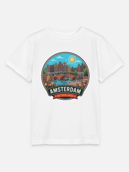 Amsterdam Niederländische Kanalhäuser Reiseabzeichen - Stanley/Stella Kinder T-Shirt MINI CREATOR - Weiß