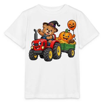 Kürbis-Traktor-Bär im Halloween-Wagen - Stanley/Stella Kinder T-Shirt MINI CREATOR  - Weiß - Vorne - Maike (125cm)