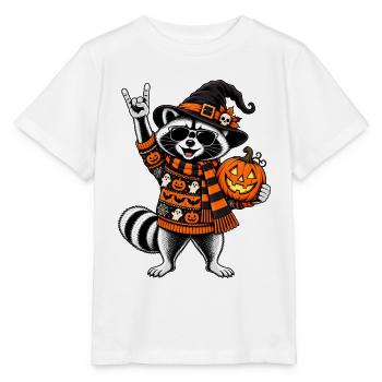 Halloween Waschbär mit Hexenhut & Kürbis - Stanley/Stella Kinder T-Shirt MINI CREATOR  - Weiß - Vorne - Maike (125cm)