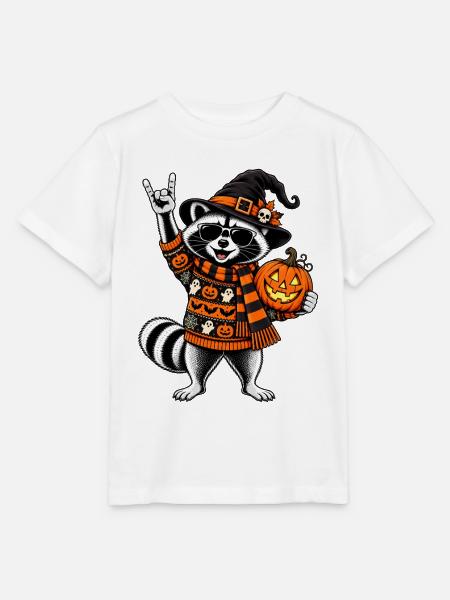 Halloween Waschbär mit Hexenhut & Kürbis - Stanley/Stella Kinder T-Shirt MINI CREATOR - Weiß