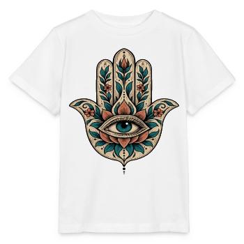 Blaue Blumen-Hamsa-Zentralauge, Hand von Fatima - Stanley/Stella Kinder T-Shirt MINI CREATOR  - Weiß - Vorne - Maike (125cm)