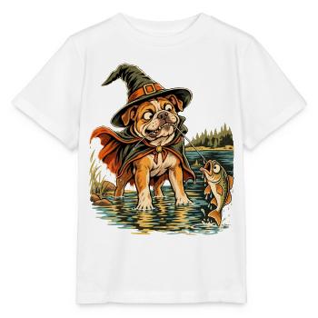 Halloween Bulldogge Hexenhut Angelhund für Angler - Stanley/Stella Kinder T-Shirt MINI CREATOR  - Weiß - Vorne - Maike (125cm)