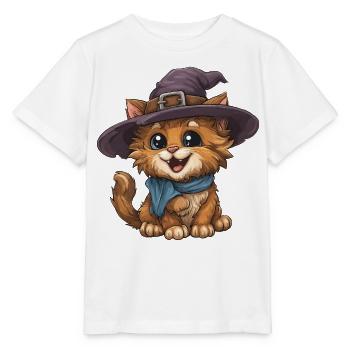 Hexenkatze mit Hut und Schal - Stanley/Stella Kinder T-Shirt MINI CREATOR  - Weiß - Vorne - Maike (125cm)