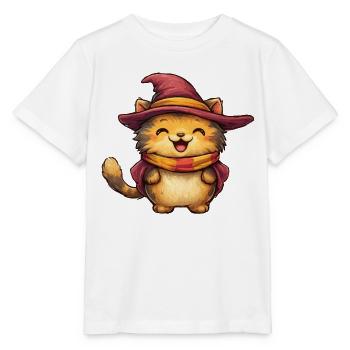 Kuschelkater im Hexenhut - Stanley/Stella Kinder T-Shirt MINI CREATOR  - Weiß - Vorne - Maike (125cm)