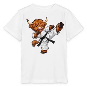 Highland Cattle beim Karate – Kuh mit Kampfgeist - Stanley/Stella Kinder T-Shirt MINI CREATOR  - Weiß - Vorne - Maike (125cm)