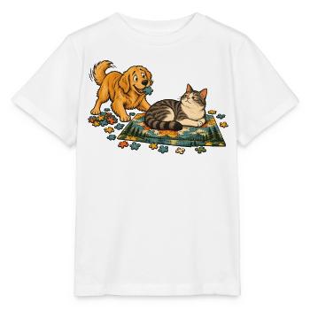 Golden Retriever und Katze puzzeln zusammen - Stanley/Stella Kinder T-Shirt MINI CREATOR  - Weiß - Vorne - Maike (125cm)