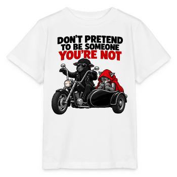 Schwarzes Schaf auf einem Motorrad und Wolf - Stanley/Stella Kinder T-Shirt MINI CREATOR  - Weiß - Vorne - Maike (125cm)