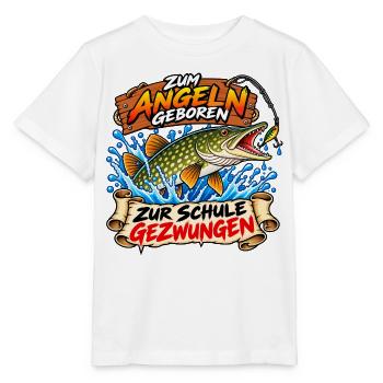 Angeln geboren – Zur Schule gezwungen - Stanley/Stella Kinder T-Shirt MINI CREATOR  - Weiß - Vorne - Maike (125cm)