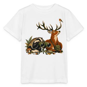 Dachs und Rotwild bei der Vogelbeobachtung - Stanley/Stella Kinder T-Shirt MINI CREATOR  - Weiß - Vorne - Maike (125cm)