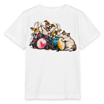 Ragdoll und Jack Russell spielen Schlagzeug – Musi - Stanley/Stella Kinder T-Shirt MINI CREATOR  - Weiß - Vorne - Maike (125cm)