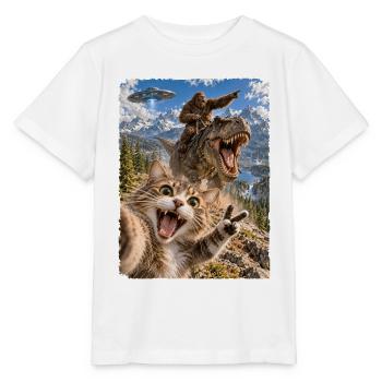 Lustiges Katze Selfie mit Bigfoot, T-Rex, UFO - Stanley/Stella Kinder T-Shirt MINI CREATOR  - Weiß - Vorne - Maike (125cm)
