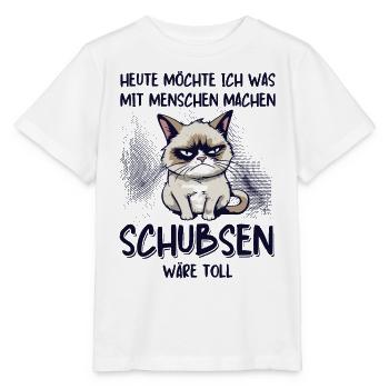 Menschen schubsen - Süße Grump Style Katze - Stanley/Stella Kinder T-Shirt MINI CREATOR  - Weiß - Vorne - Maike (125cm)