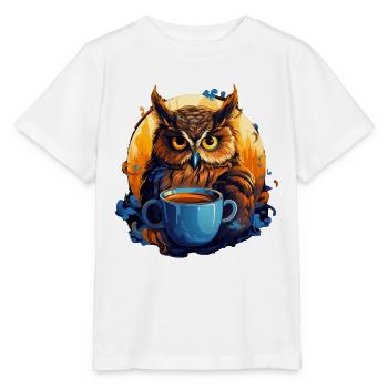 The eagle owl in front of his cup of coffee - Stanley/Stella MINI CREATOR Kids’ T-Shirt - white - Front - Maike (125cm)