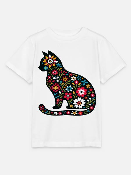 Silhouette of cat with flowers - Stanley/Stella MINI CREATOR Kids’ T-Shirt - white