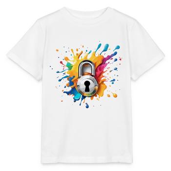 Serrure d’épaule / Clé / Serrure de coeur / Motif - T-shirt bio MINI CREATOR Stanley/Stella Enfant - blanc - Devant - Maike (125cm)