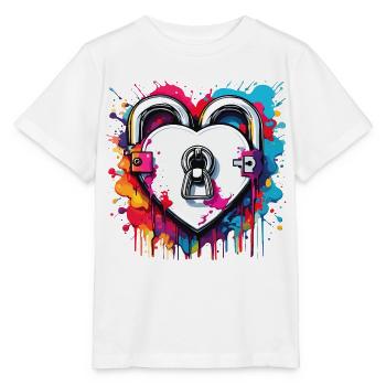 Serrure d’épaule / Clé / Serrure de coeur / Motif - T-shirt bio MINI CREATOR Stanley/Stella Enfant - blanc - Devant - Maike (125cm)