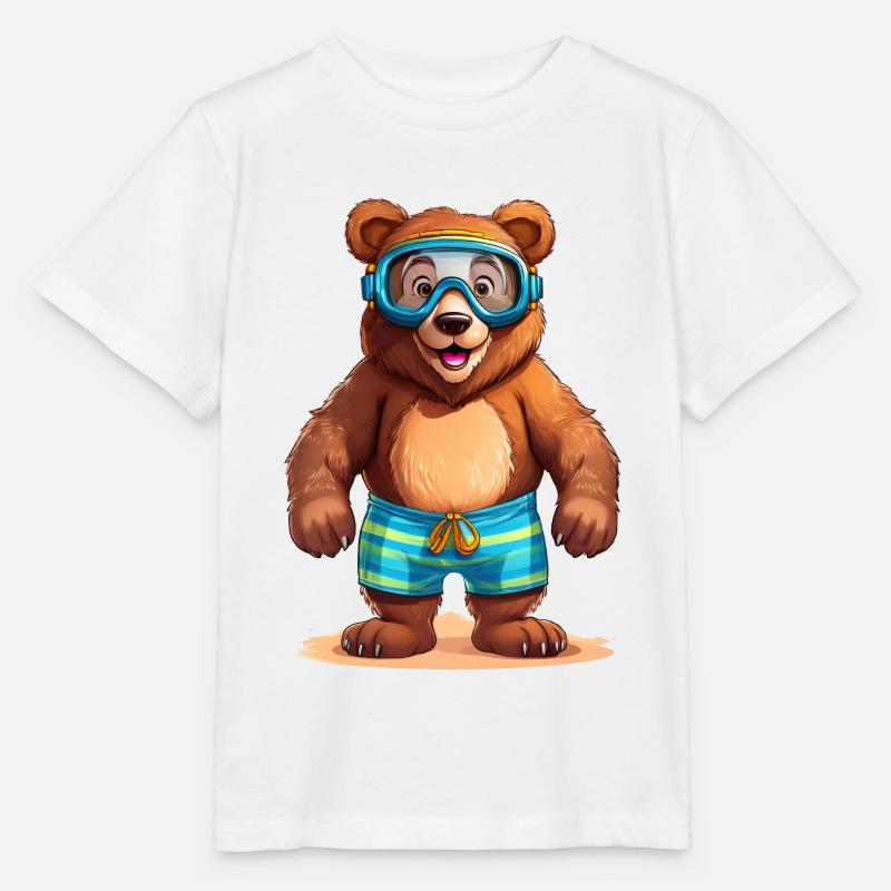 Ours brun avec maillot de bain et lunettes de plongée à la mer - T-shirt bio MINI CREATOR Stanley/Stella Enfant - blanc