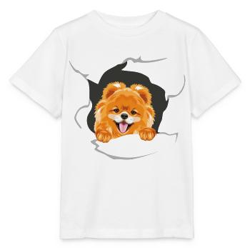 Lächelnder Pommerscher Hund guckt durch zerrissenes Papier - Stanley/Stella Kinder T-Shirt MINI CREATOR  - Weiß - Vorne - Maike (125cm)