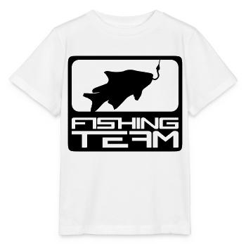 fishing team sport logo red blue caught fish - Stanley/Stella MINI CREATOR Kids’ T-Shirt - white - Front - Maike (125cm)