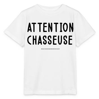 Attention chasseuse. Cadeau femme chasseur. - T-shirt bio MINI CREATOR Stanley/Stella Enfant - blanc - Devant - Maike (125cm)