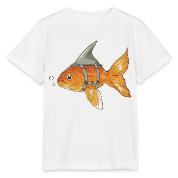 Lustiger Goldfisch mit Haifischflosse angeschnallt - Stanley/Stella Kinder T-Shirt MINI CREATOR  - Weiß - Vorne - Maike (125cm)