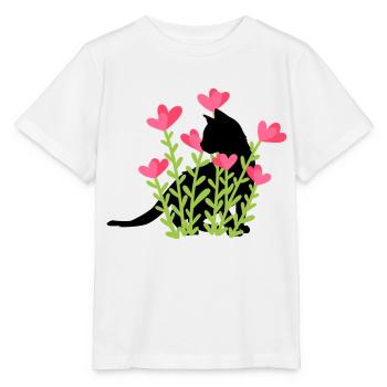 Frühlingsdesign - schwarze Katze im Blumenbeet - Stanley/Stella Kinder T-Shirt MINI CREATOR  - Weiß - Vorne - Maike (125cm)