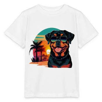 Rottweiler am Strand mit Sonnenbrille - Stanley/Stella Kinder T-Shirt MINI CREATOR  - Weiß - Vorne - Maike (125cm)