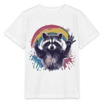 Waschbär Farbkleckse Regenbogen - Stanley/Stella Kinder T-Shirt MINI CREATOR  - Weiß - Vorne - Maike (125cm)