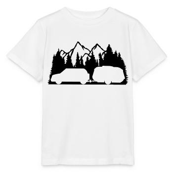 wald berge tannen gebirge wohnwagen gelaendewagen - Stanley/Stella Kinder T-Shirt MINI CREATOR  - Weiß - Vorne - Maike (125cm)