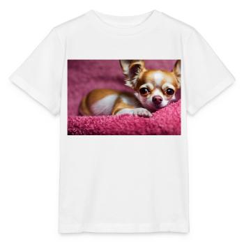 Chien Chihuahua mignon allongé sur une couverture rose - T-shirt bio MINI CREATOR Stanley/Stella Enfant - blanc - Devant - Maike (125cm)