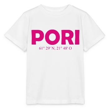 Pori - Finlande - Coordonnées - Longitude Latitude - T-shirt bio MINI CREATOR Stanley/Stella Enfant - blanc - Devant - Maike (125cm)