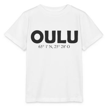 Oulu - Finland - Coordinates - Longitude Latitude - Stanley/Stella Kinder T-Shirt MINI CREATOR  - Weiß - Vorne - Maike (125cm)