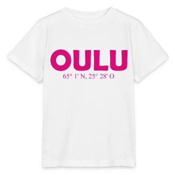 Oulu - Finlande - Coordonnées - Longitude Latitude - T-shirt bio MINI CREATOR Stanley/Stella Enfant - blanc - Devant - Maike (125cm)