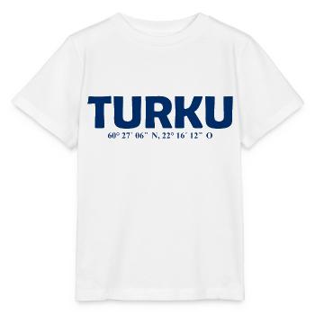 Turku Finlande - Coordonnées - Longitude - Latitude - T-shirt bio MINI CREATOR Stanley/Stella Enfant - blanc - Devant - Maike (125cm)