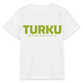 Turku Finland - Coordinates - Longitude - Latitude - Stanley/Stella MINI CREATOR Kids’ T-Shirt - white - Front - Maike (125cm)