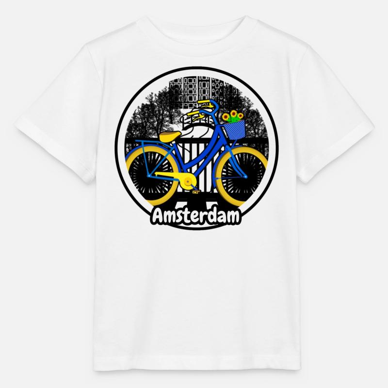 Motif de vacances d’Amsterdam avec un vélo sur le pont - T-shirt bio MINI CREATOR Stanley/Stella Enfant - blanc