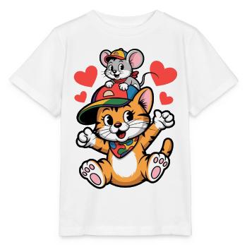 Cute cat and mouse as best friends - Stanley/Stella MINI CREATOR Kids’ T-Shirt - white - Front - Maike (125cm)