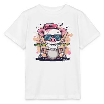 Rock music and a funny drummer pig - Stanley/Stella MINI CREATOR Kids’ T-Shirt - white - Front - Maike (125cm)