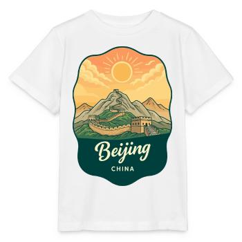 Badge rétro de voyage au coucher de soleil de la Grande Muraille de Pékin - T-shirt bio MINI CREATOR Stanley/Stella Enfant - blanc - Devant - Maike (125cm)