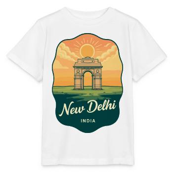 Badge de voyage rétro Sunset Gate de New Delhi India Gate - T-shirt bio MINI CREATOR Stanley/Stella Enfant - blanc - Devant - Maike (125cm)