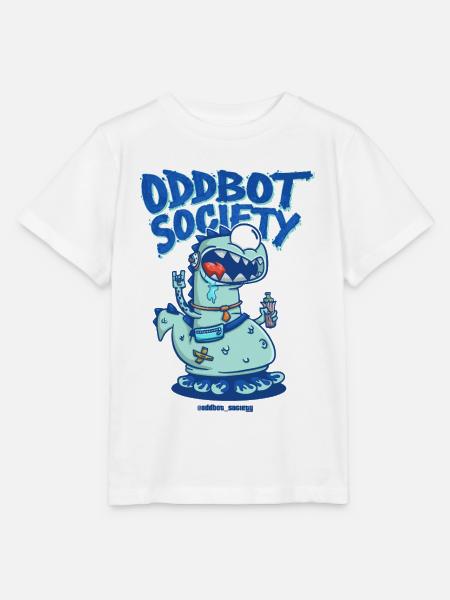 ODDBOT-GESELLSCHAFT Dino-Roboter Blau - Stanley/Stella Kinder T-Shirt MINI CREATOR - Weiß
