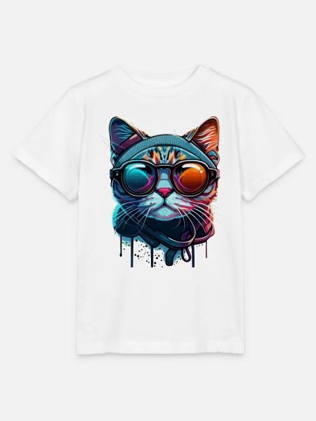 Buntes Katzengesicht mit Sonnenbrille stylish - Stanley/Stella Kinder T-Shirt MINI CREATOR - Weiß